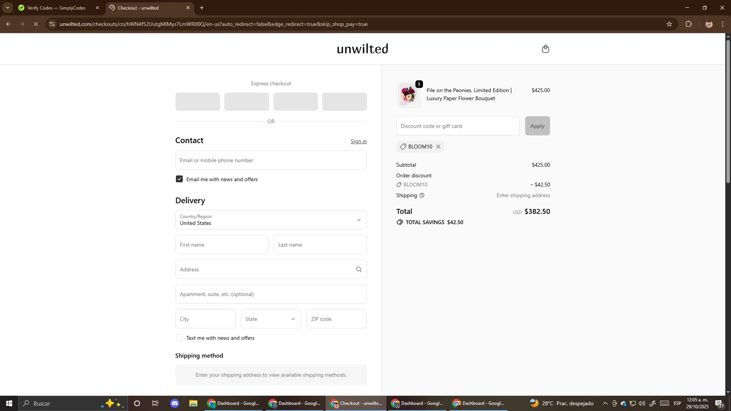 Unwilted promo code screenshot showing code BLOOM10 applied at Unwilted checkout page. Uploaded by SimplyCodes community member El_mynor on Oct 29, 2025