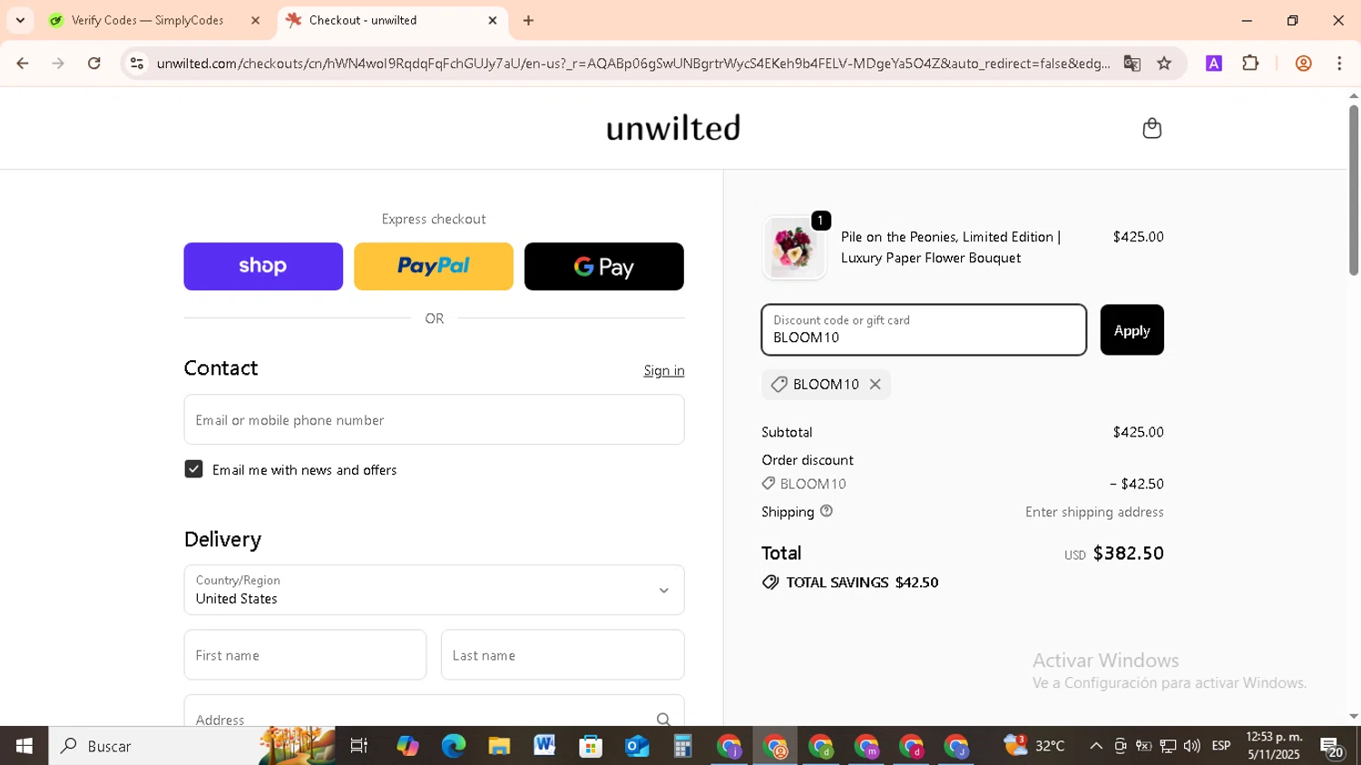 Unwilted promo code screenshot showing code BLOOM10 applied at Unwilted checkout page. Uploaded by SimplyCodes community member RebateCollector5909 on Nov 5, 2025