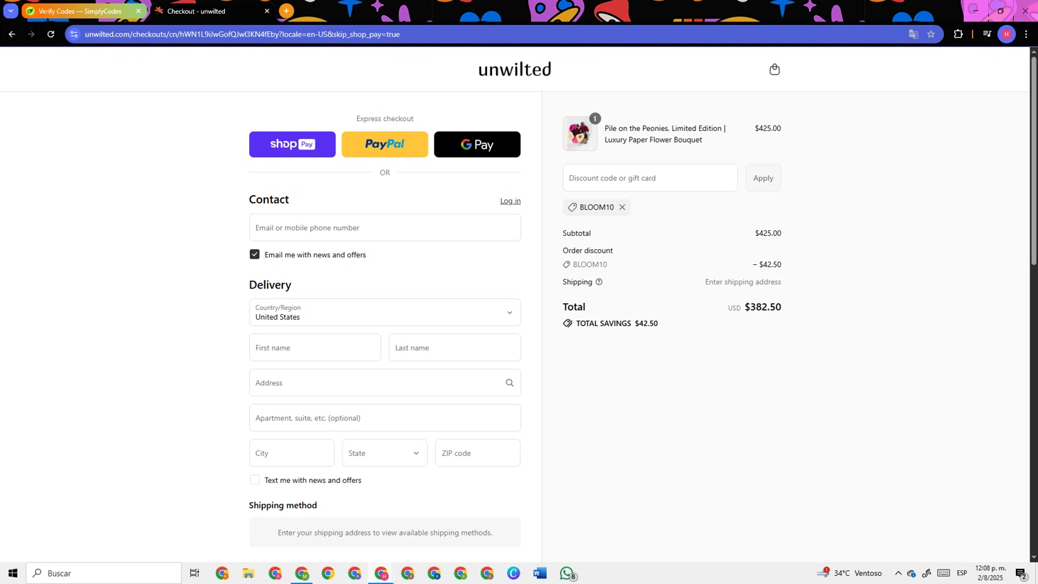 Unwilted promo code screenshot showing code BLOOM10 applied at Unwilted checkout page. Uploaded by SimplyCodes community member TokenSleuth5758 on Aug 2, 2025