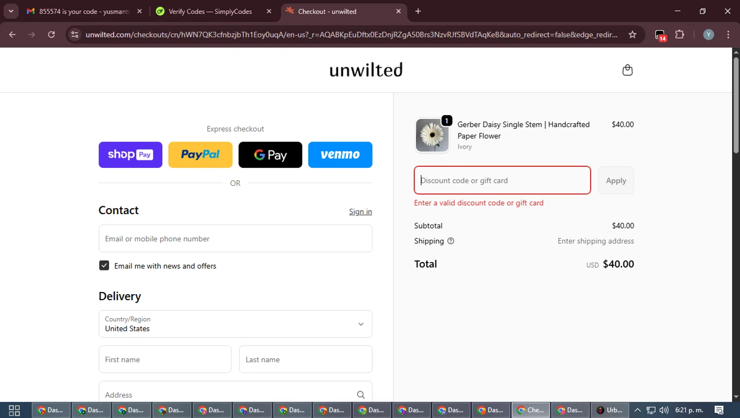 Unwilted promo code screenshot showing code BFCM2025 applied at Unwilted checkout page. Uploaded by SimplyCodes community member MoneyTiger5162 on Jan 9, 2026