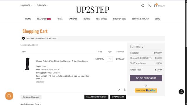 Up2step checkout page showing Up2step discount code box | Screenshot taken by SimplyCodes community member on Jun 6, 2025