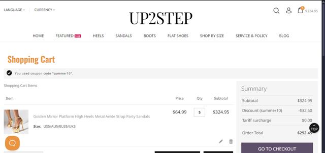 Up2step checkout page showing Up2step discount code box | Screenshot taken by SimplyCodes community member on Jul 20, 2025