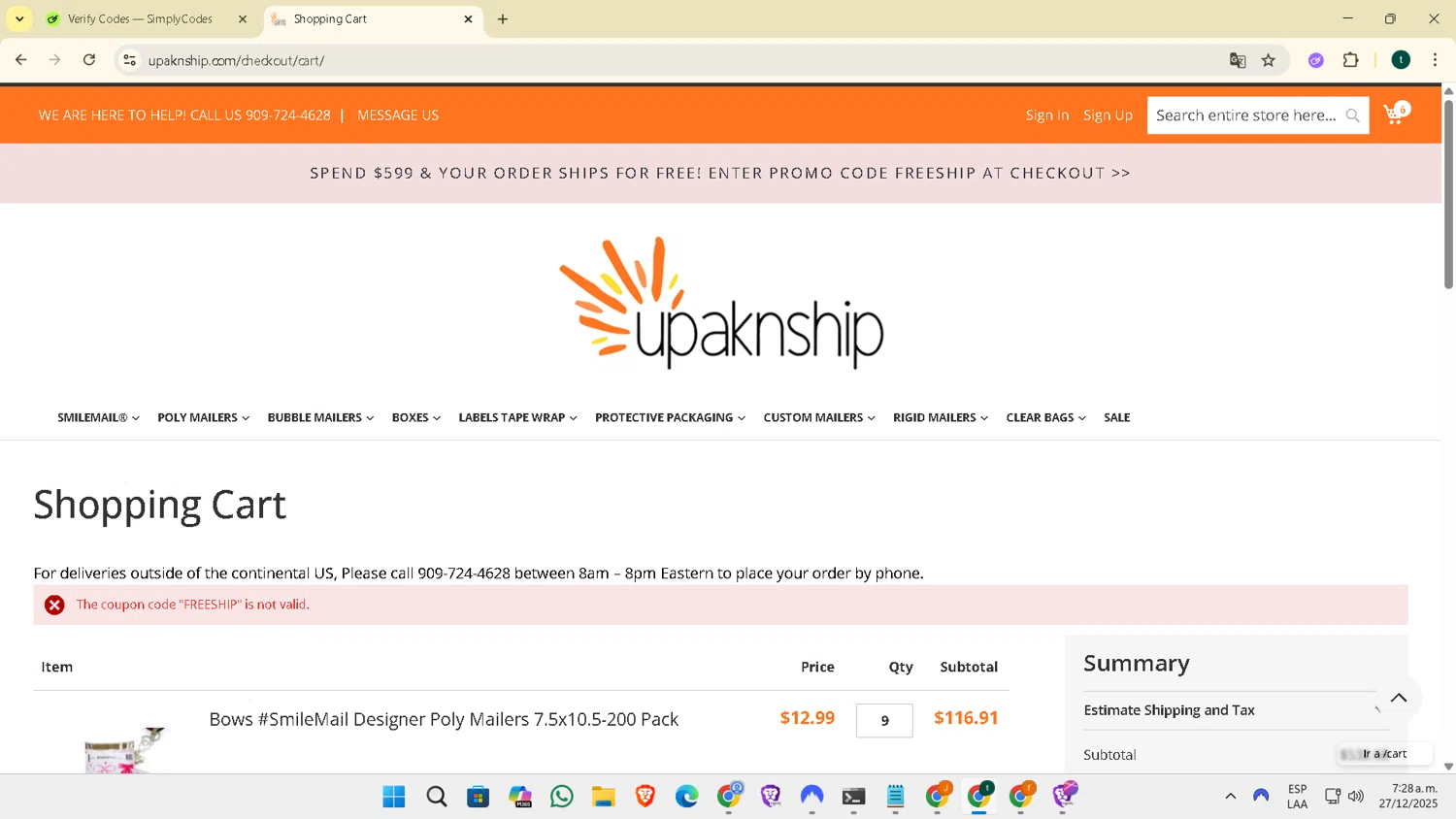UpakNShip promo code screenshot showing code FREESHIP applied at UpakNShip checkout page. Uploaded by SimplyCodes community member DiscountExpert556 on Dec 27, 2025