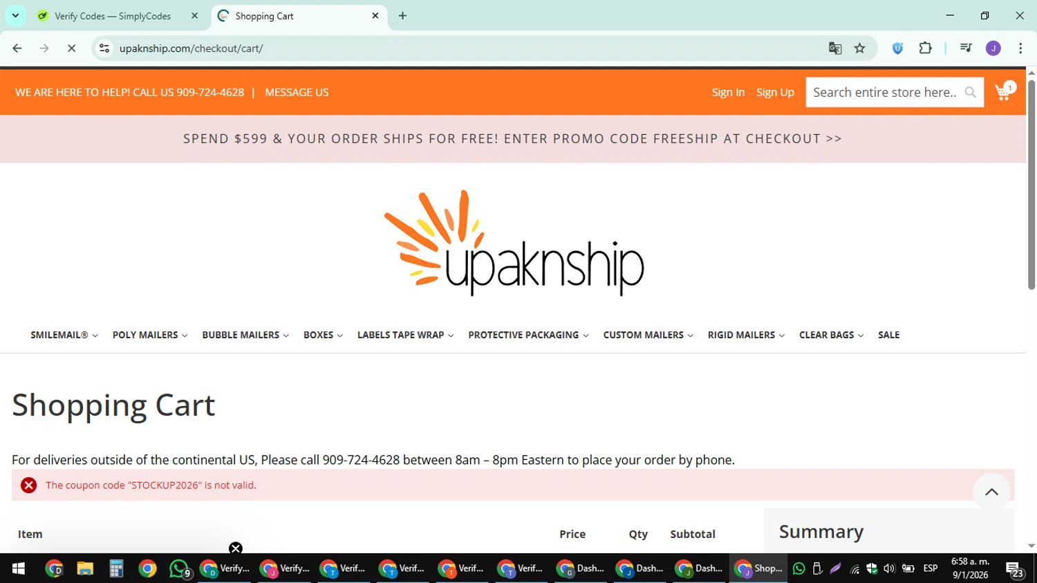 UpakNShip promo code screenshot showing code STOCKUP2026 applied at UpakNShip checkout page. Uploaded by SimplyCodes community member sniderjack453 on Jan 9, 2026