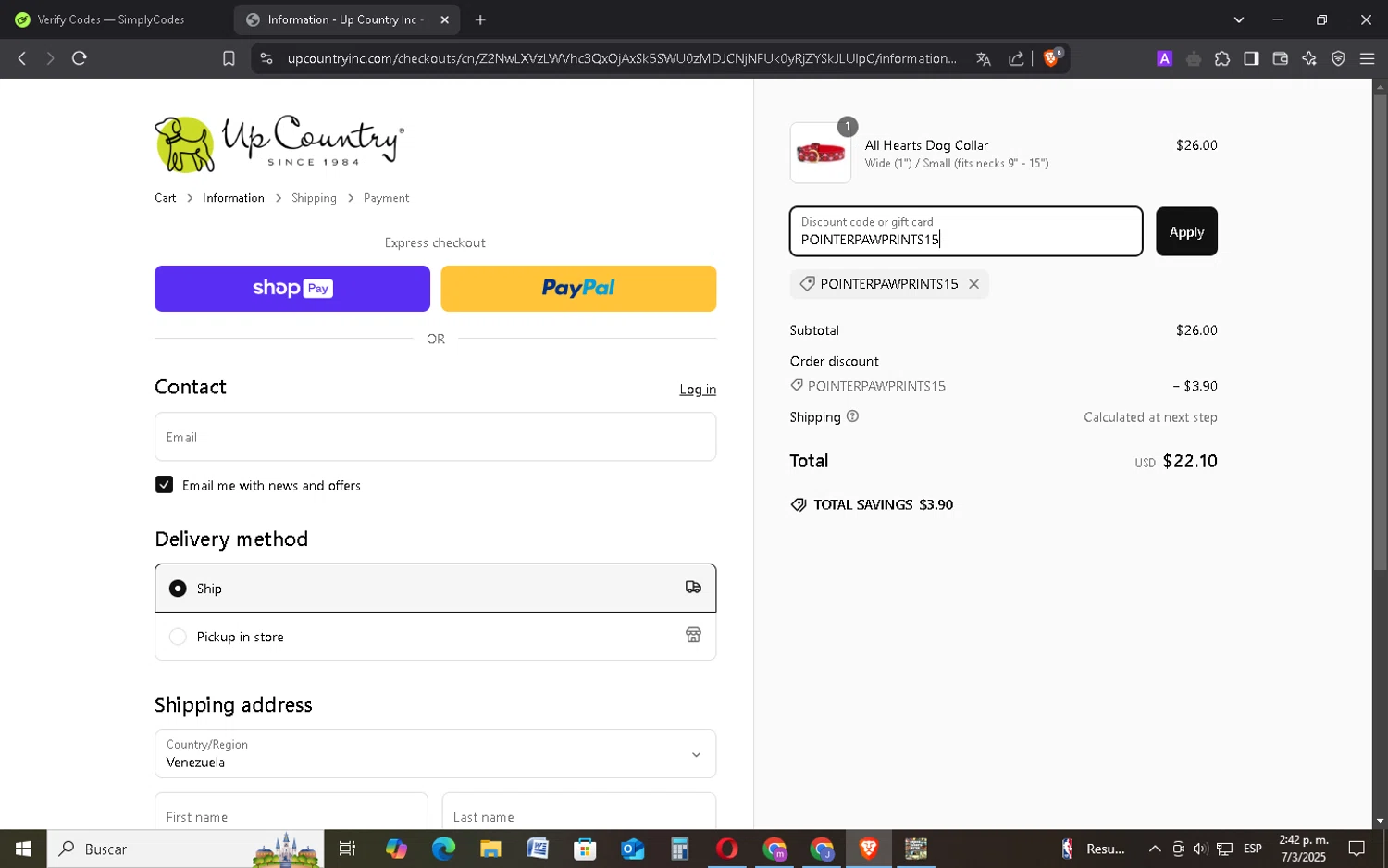 Up Country promo code screenshot showing code POINTERPAWPRINTS15 applied at Up Country checkout page. Uploaded by SimplyCodes community member FrugalMonarch7277 on Mar 7, 2025