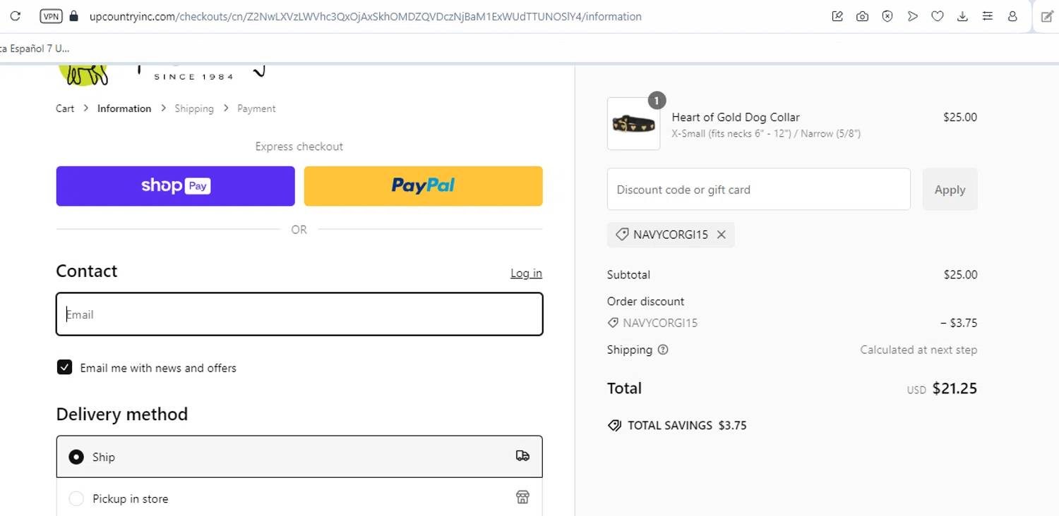 Up Country promo code screenshot showing code NAVYCORGI15 applied at Up Country checkout page. Uploaded by SimplyCodes community member Cintirivero on Jan 15, 2025