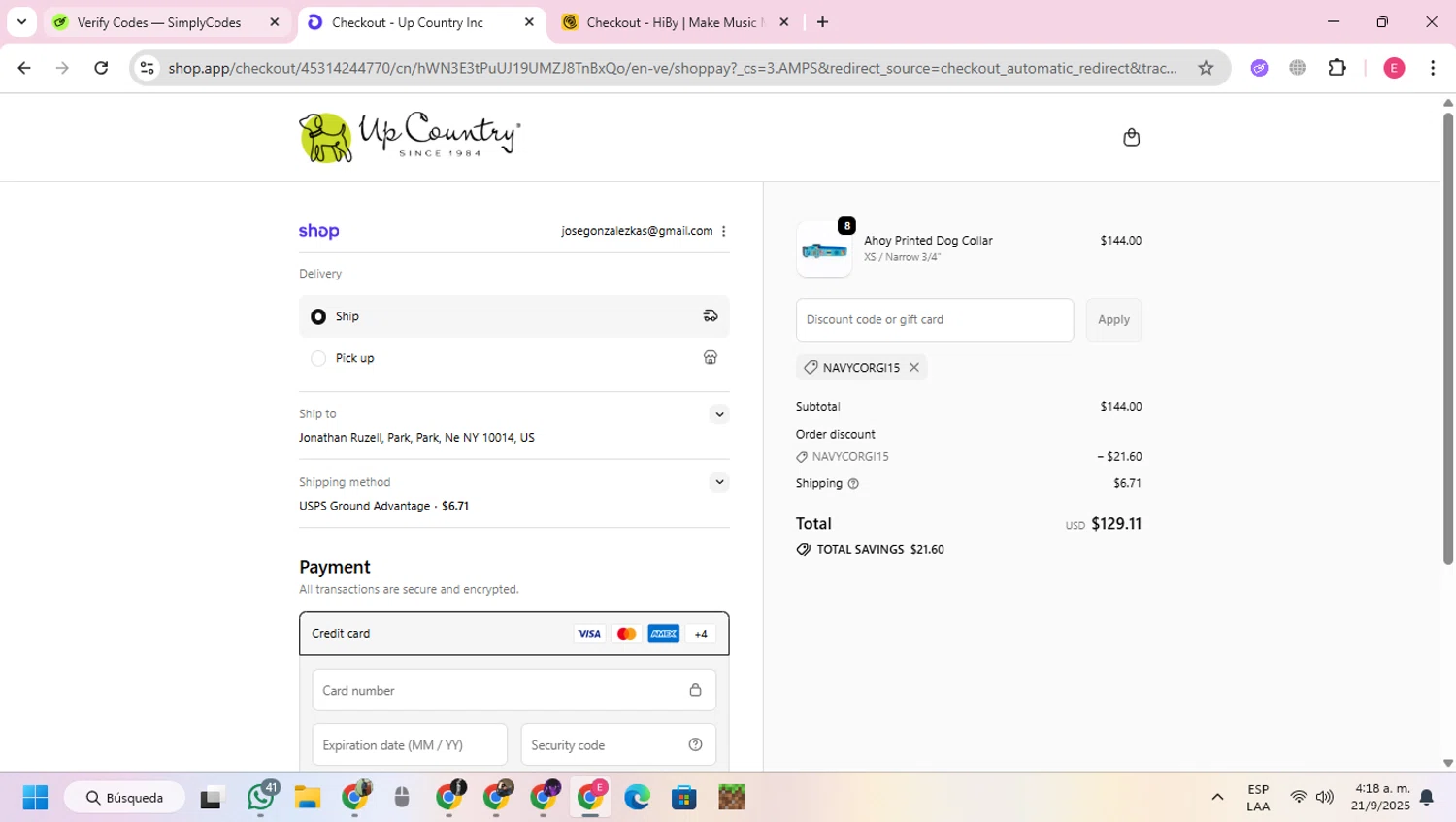 Up Country promo code screenshot showing code NAVYCORGI15 applied at Up Country checkout page. Uploaded by SimplyCodes community member VoucherExpert2930 on Sep 21, 2025