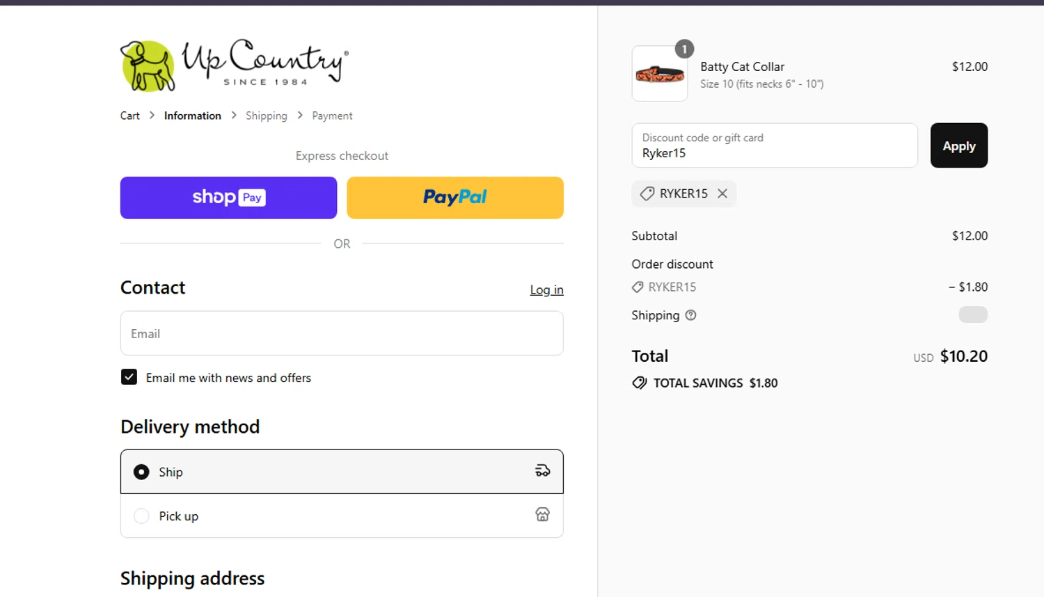 Up Country promo code screenshot showing code Ryker15 applied at Up Country checkout page. Uploaded by SimplyCodes community member Coolemorestt on Aug 13, 2025