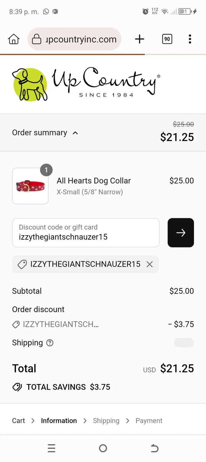 Up Country promo code screenshot showing code izzythegiantschnauzer15 applied at Up Country checkout page. Uploaded by SimplyCodes community member BonusChaser4306 on Aug 23, 2025