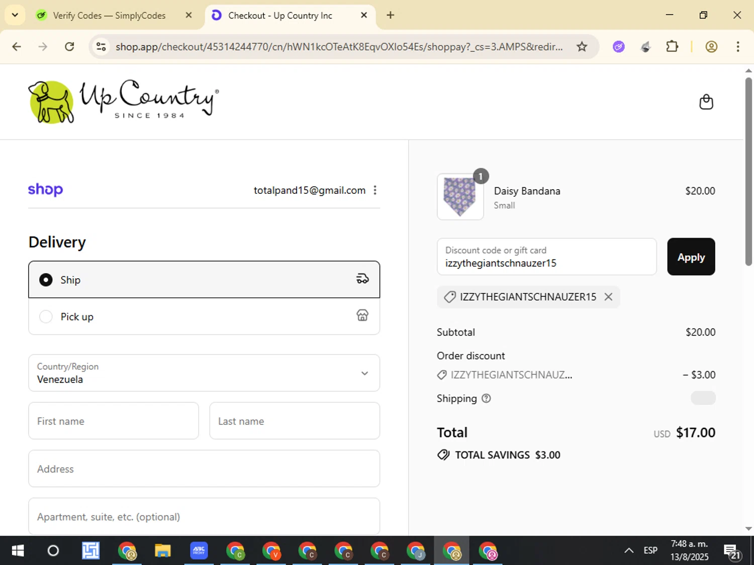 Up Country promo code screenshot showing code izzythegiantschnauzer15 applied at Up Country checkout page. Uploaded by SimplyCodes community member VictorL on Aug 13, 2025