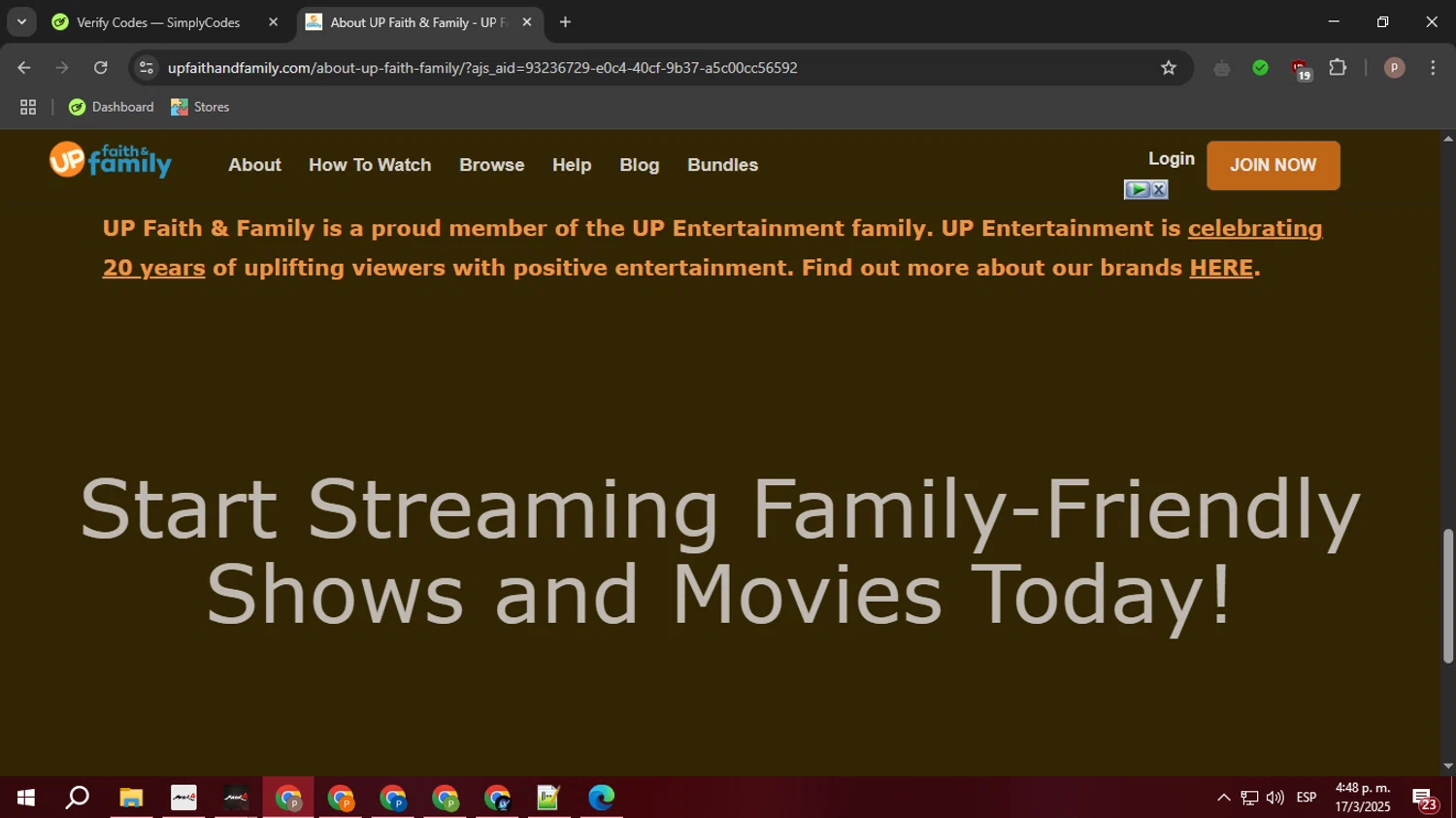 UP Faith & Family promo code screenshot showing code BOGO applied at UP Faith & Family checkout page. Uploaded by SimplyCodes community member PrimeTiger1163 on Mar 17, 2025