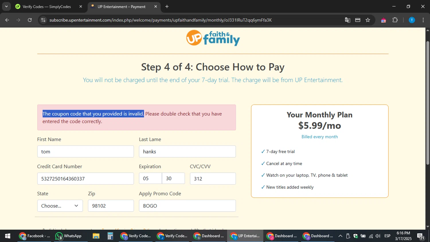 UP Faith & Family promo code screenshot showing code BOGO applied at UP Faith & Family checkout page. Uploaded by SimplyCodes community member hankt1521 on Mar 17, 2025