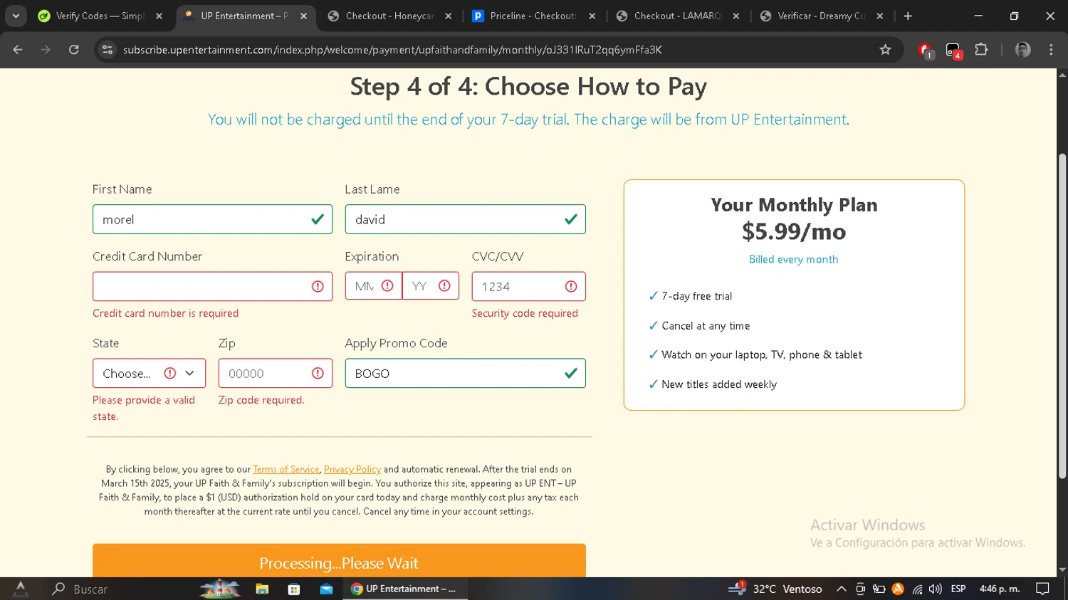 UP Faith & Family checkout page showing UP Faith & Family promo code box | Screenshot taken by SimplyCodes community member on Mar 8, 2025