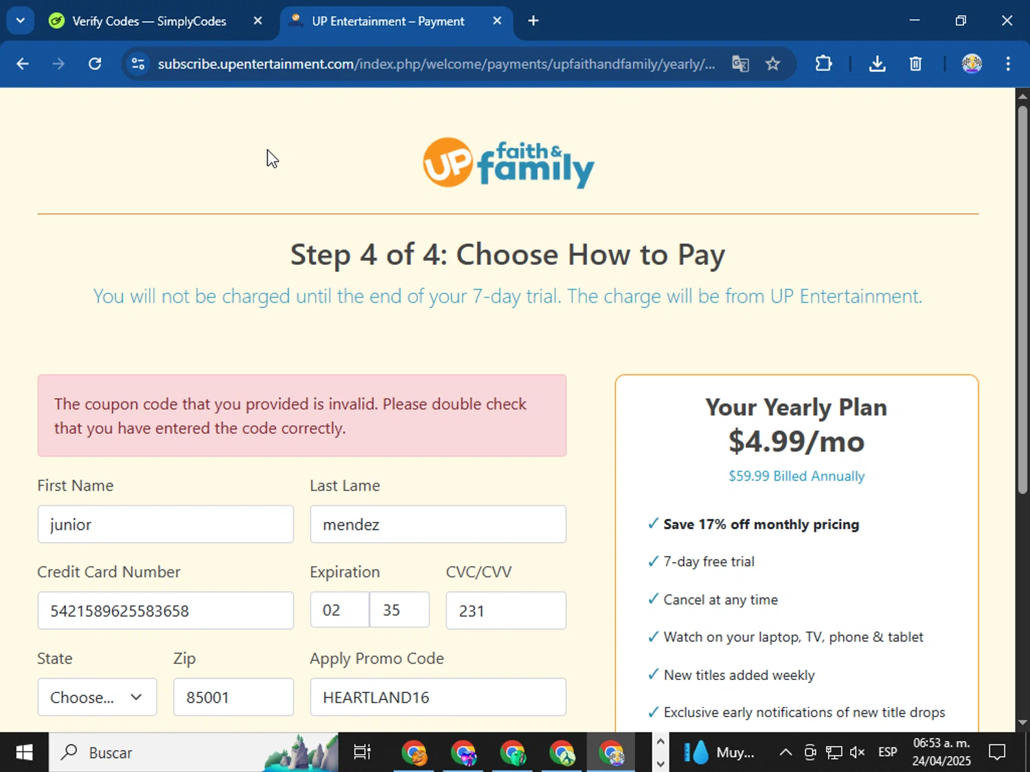 UP Faith & Family promo code screenshot showing code HEARTLAND16 applied at UP Faith & Family checkout page. Uploaded by SimplyCodes community member Bope_________ on Apr 24, 2025