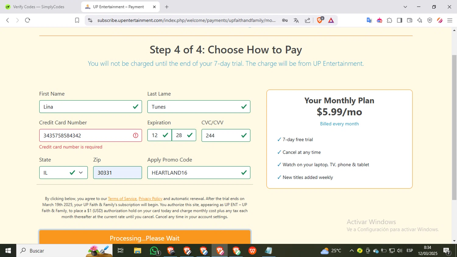UP Faith & Family checkout page showing UP Faith & Family promo code box | Screenshot taken by SimplyCodes community member on Mar 12, 2025