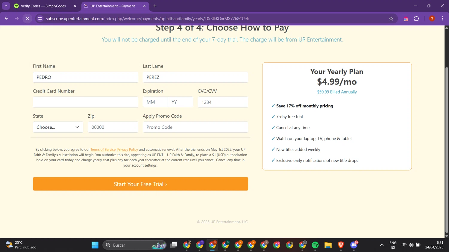 UP Faith & Family promo code screenshot showing code HEARTLAND16 applied at UP Faith & Family checkout page. Uploaded by SimplyCodes community member PrimeTracker2179 on Apr 24, 2025
