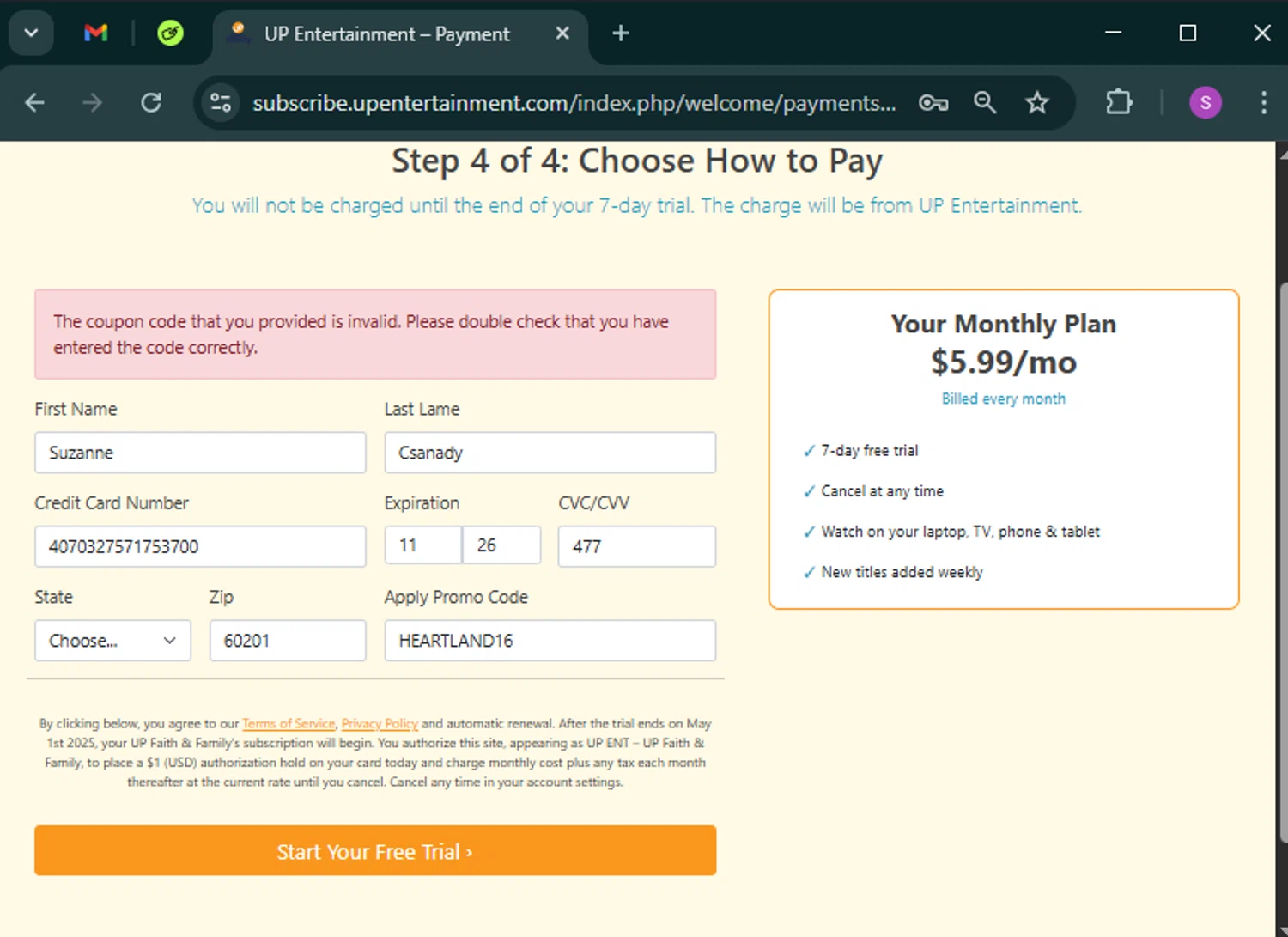 UP Faith & Family promo code screenshot showing code HEARTLAND16 applied at UP Faith & Family checkout page. Uploaded by SimplyCodes community member tinkle_tinkle on Apr 24, 2025