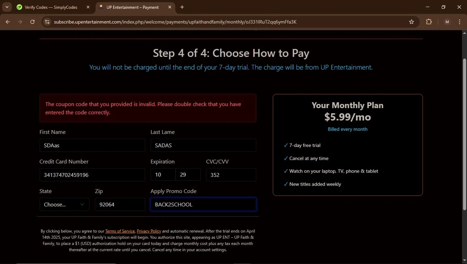 UP Faith & Family promo code screenshot showing code BACK2SCHOOL applied at UP Faith & Family checkout page. Uploaded by SimplyCodes community member Carrillojose on Apr 7, 2025