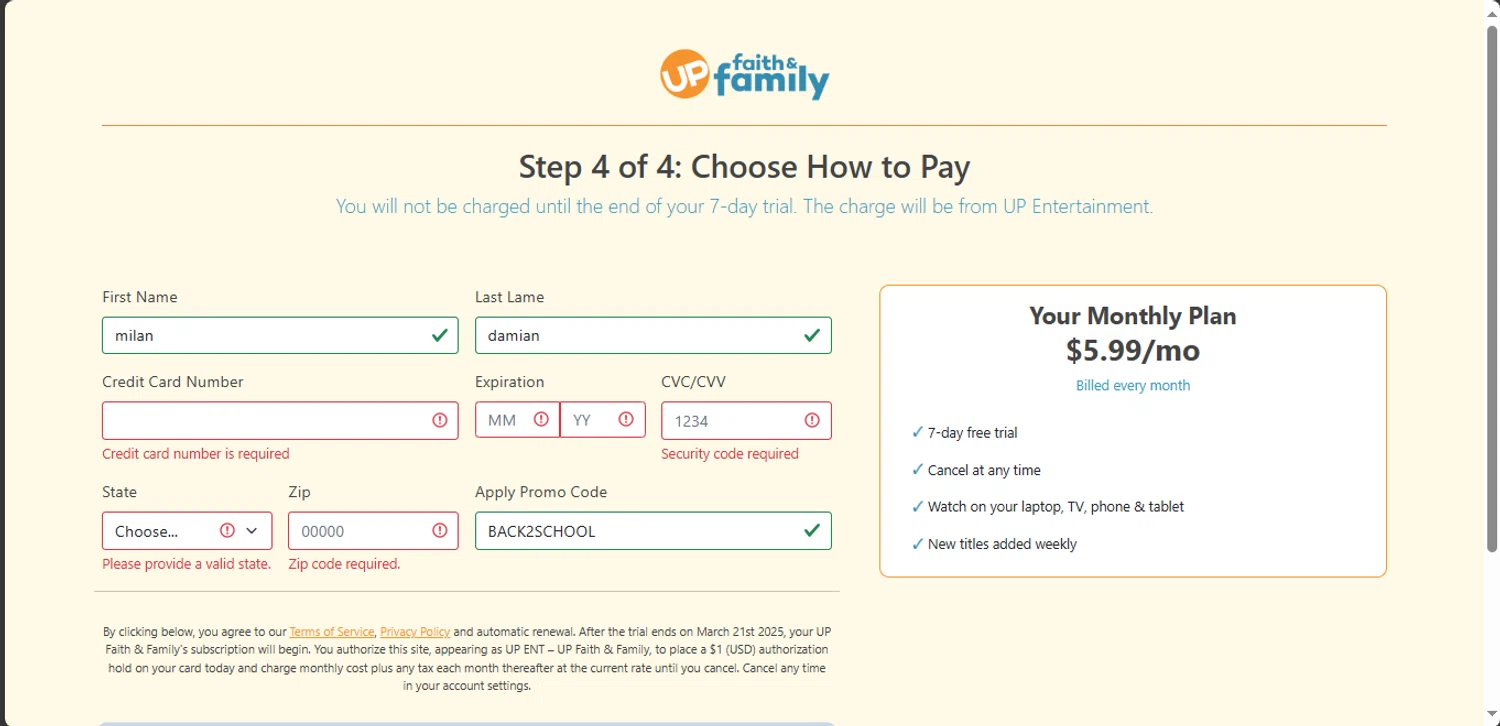UP Faith & Family checkout page showing UP Faith & Family promo code box | Screenshot taken by SimplyCodes community member on Mar 14, 2025