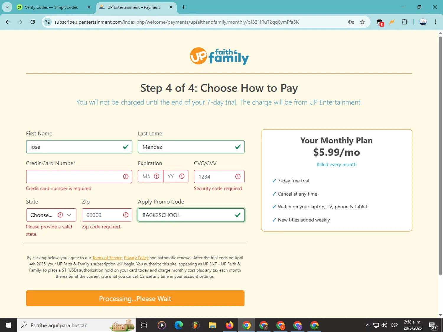 UP Faith & Family checkout page showing UP Faith & Family promo code box | Screenshot taken by SimplyCodes community member on Mar 28, 2025