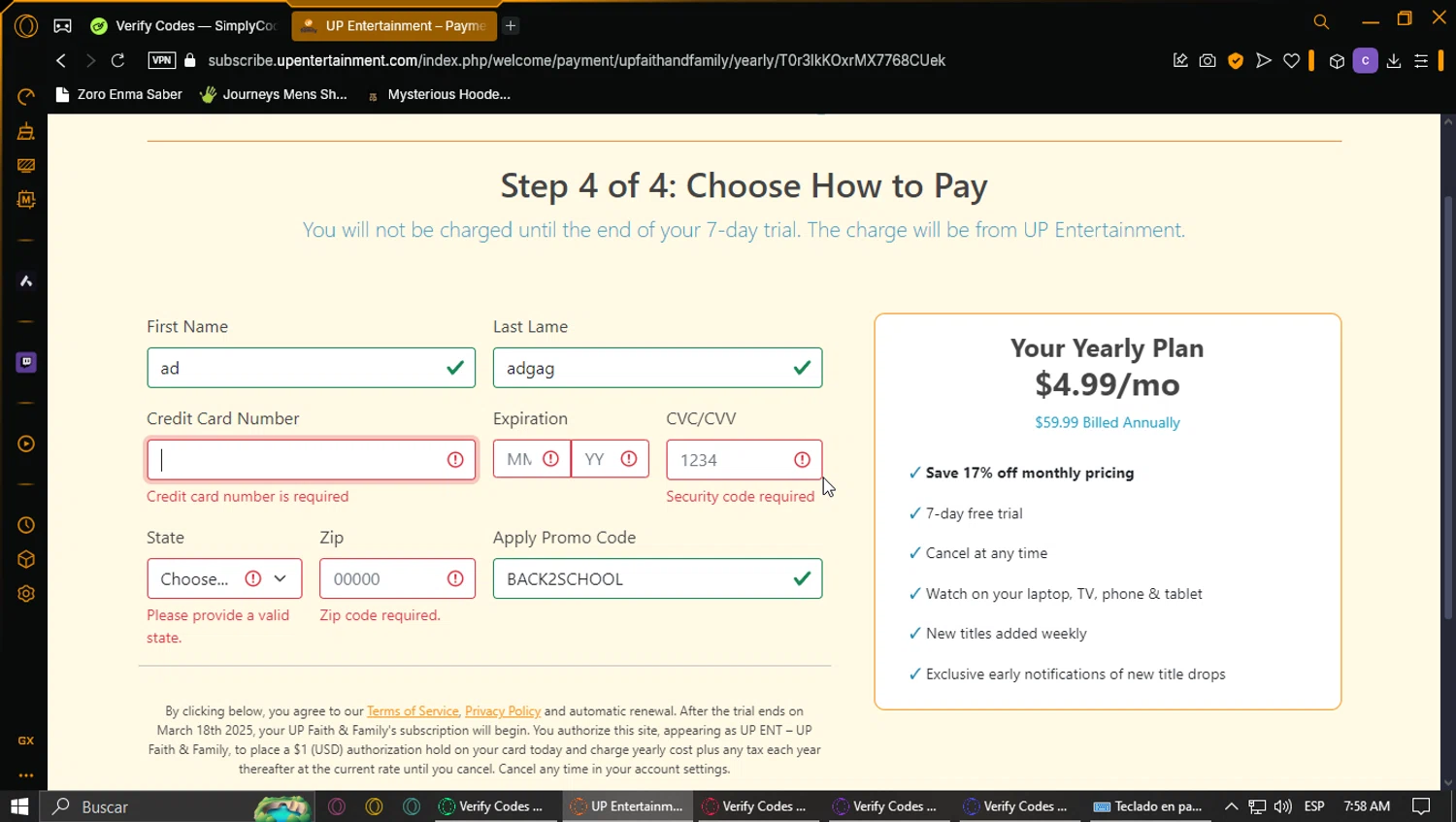 UP Faith & Family checkout page showing UP Faith & Family promo code box | Screenshot taken by SimplyCodes community member on Mar 11, 2025