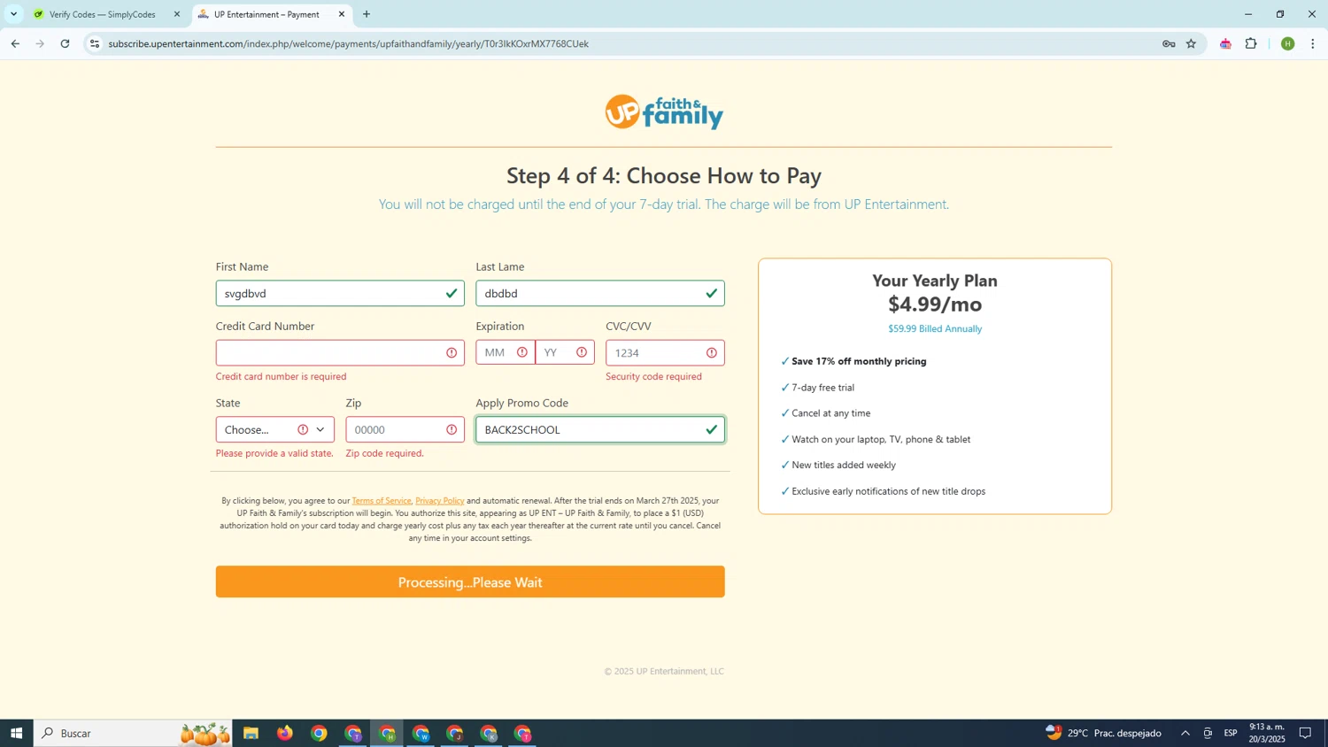 UP Faith & Family checkout page showing UP Faith & Family promo code box | Screenshot taken by SimplyCodes community member on Mar 20, 2025