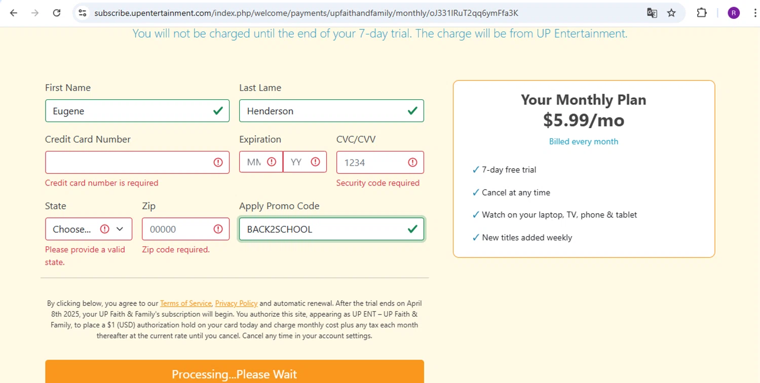 UP Faith & Family checkout page showing UP Faith & Family promo code box | Screenshot taken by SimplyCodes community member on Apr 1, 2025
