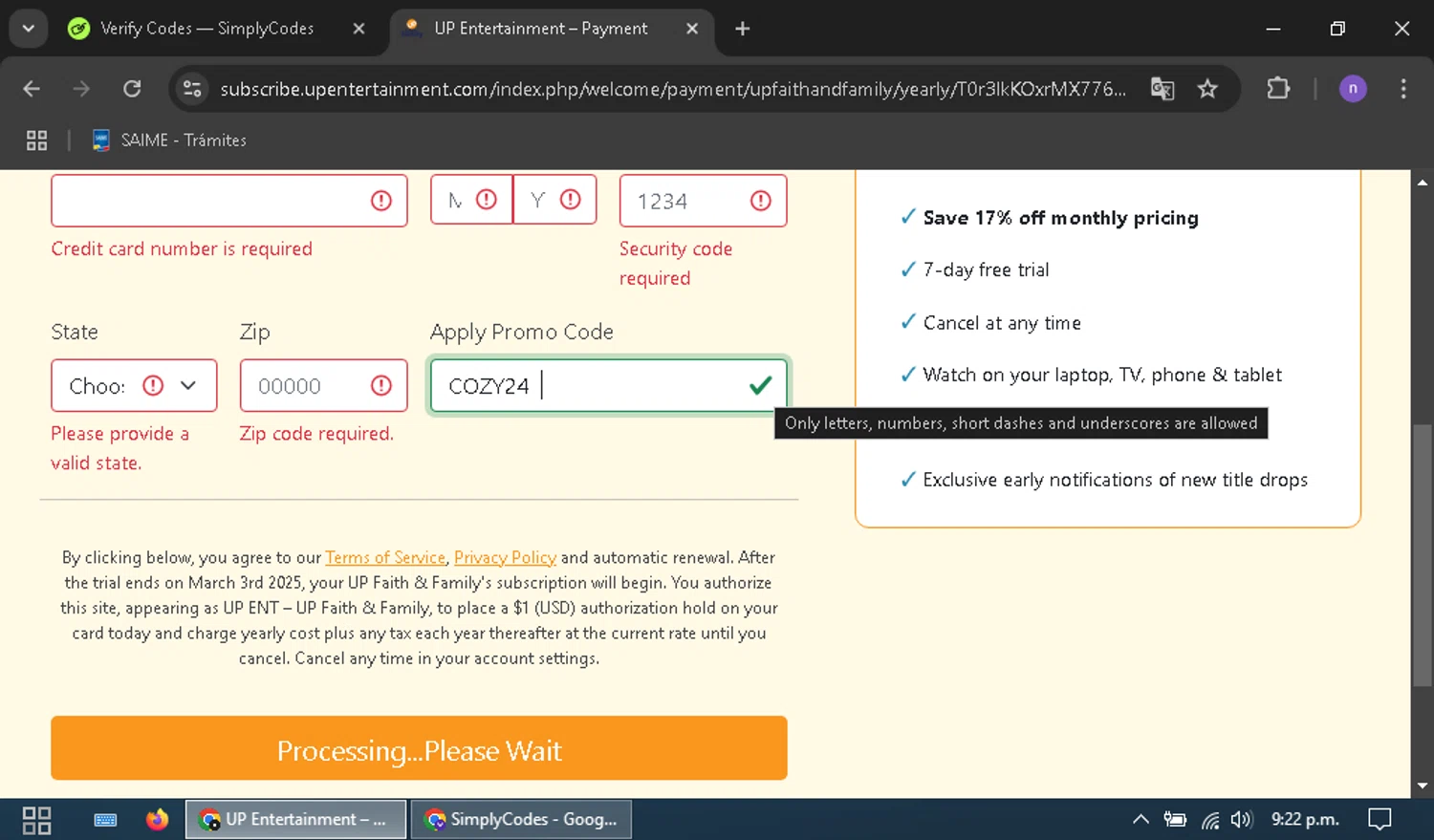 UP Faith & Family promo code screenshot showing code COZY24 applied at UP Faith & Family checkout page. Uploaded by SimplyCodes community member nairelysnavarro1 on Feb 24, 2025