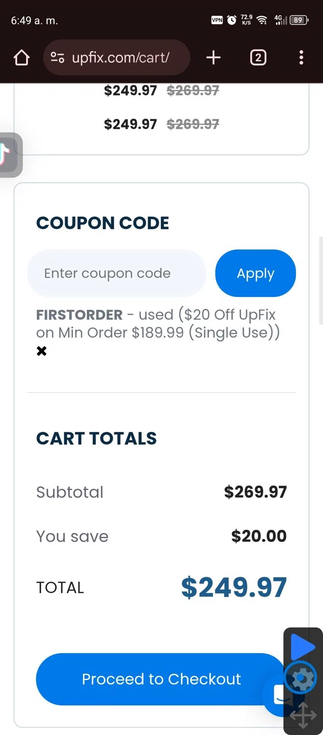 UpFix coupon code screenshot showing code FIRSTORDER applied at UpFix checkout page. Uploaded by SimplyCodes community member Diego_Soto on May 28, 2025