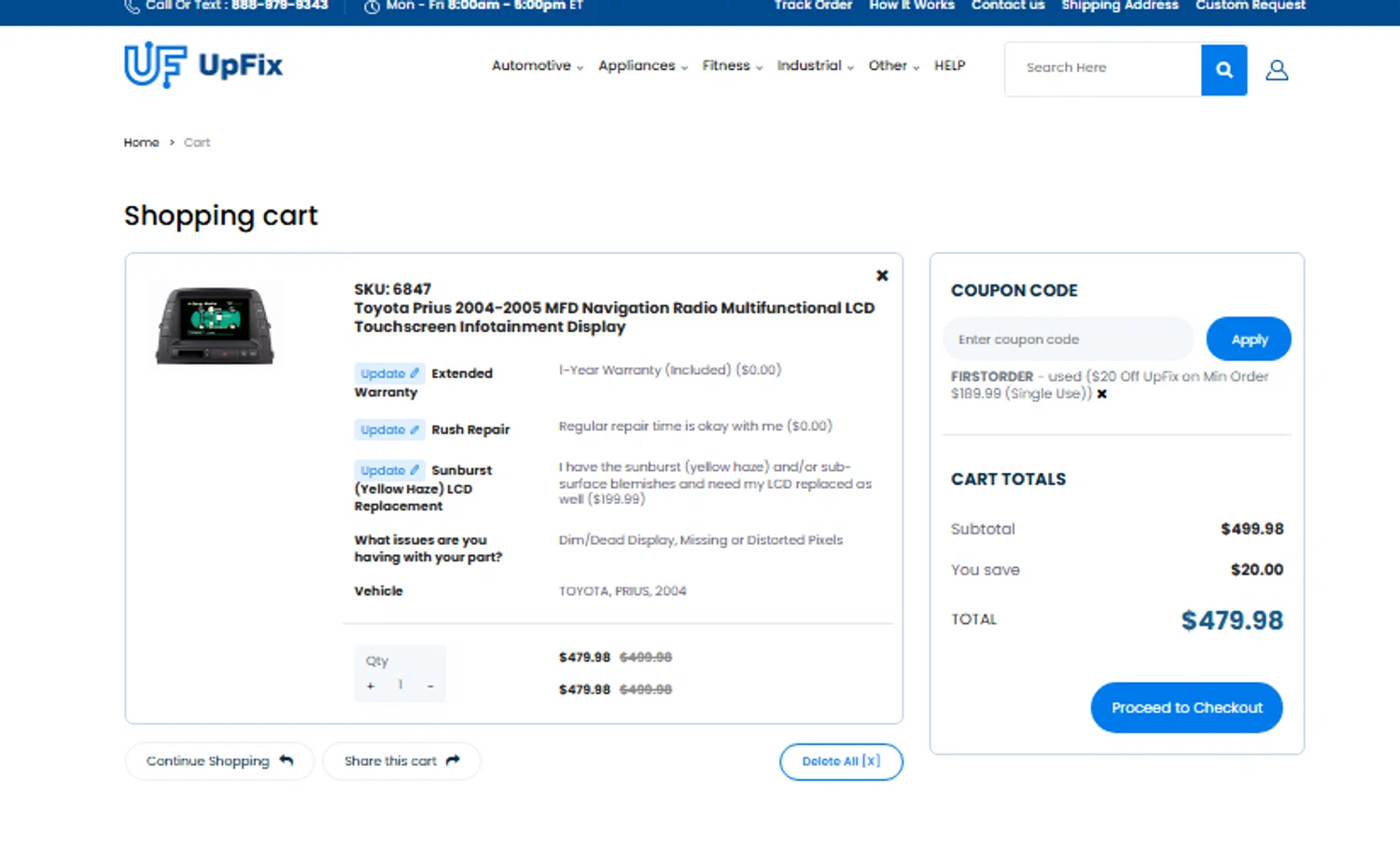 UpFix coupon code screenshot showing code FIRSTORDER applied at UpFix checkout page. Uploaded by SimplyCodes community member Toundjiale on Jun 26, 2025