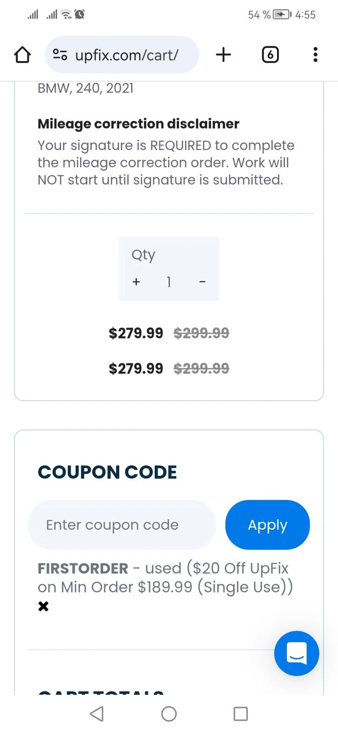 UpFix coupon code screenshot showing code FIRSTORDER applied at UpFix checkout page. Uploaded by SimplyCodes community member CoinPhoenix3025 on Apr 29, 2025