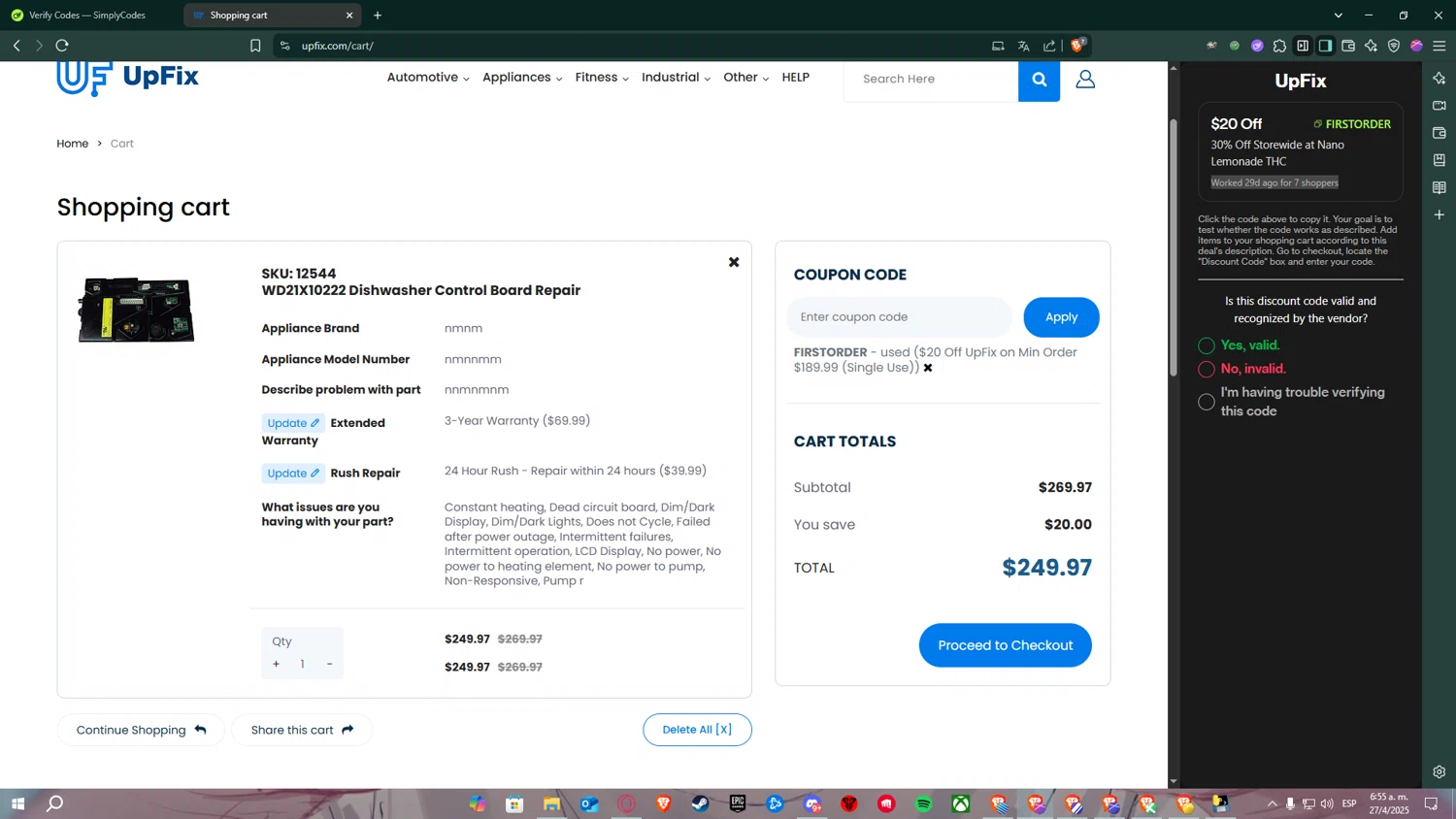 UpFix checkout page showing UpFix coupon code box | Screenshot taken by SimplyCodes community member on Apr 27, 2025