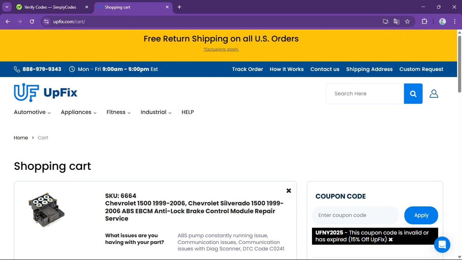 UpFix coupon code screenshot showing code UFNY2025 applied at UpFix checkout page. Uploaded by SimplyCodes community member Marielis on Mar 10, 2025
