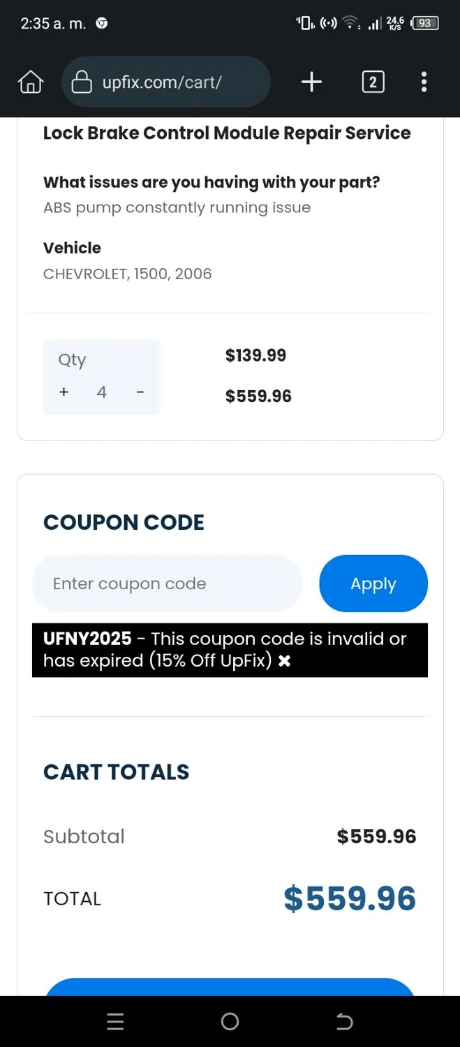 UpFix coupon code screenshot showing code UFNY2025 applied at UpFix checkout page. Uploaded by SimplyCodes community member CleverSleuth6613 on Mar 10, 2025