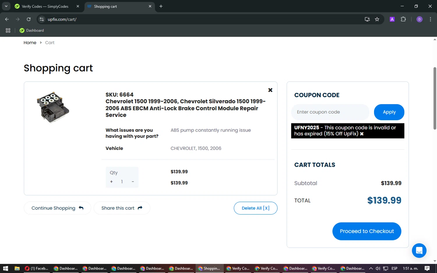 UpFix coupon code screenshot showing code UFNY2025 applied at UpFix checkout page. Uploaded by SimplyCodes community member CashSleuth4660 on Mar 10, 2025
