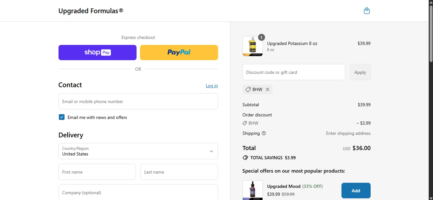 Upgraded Formulas discount code screenshot showing code BHW applied at Upgraded Formulas checkout page. Uploaded by SimplyCodes community member ______________ on Jul 24, 2025