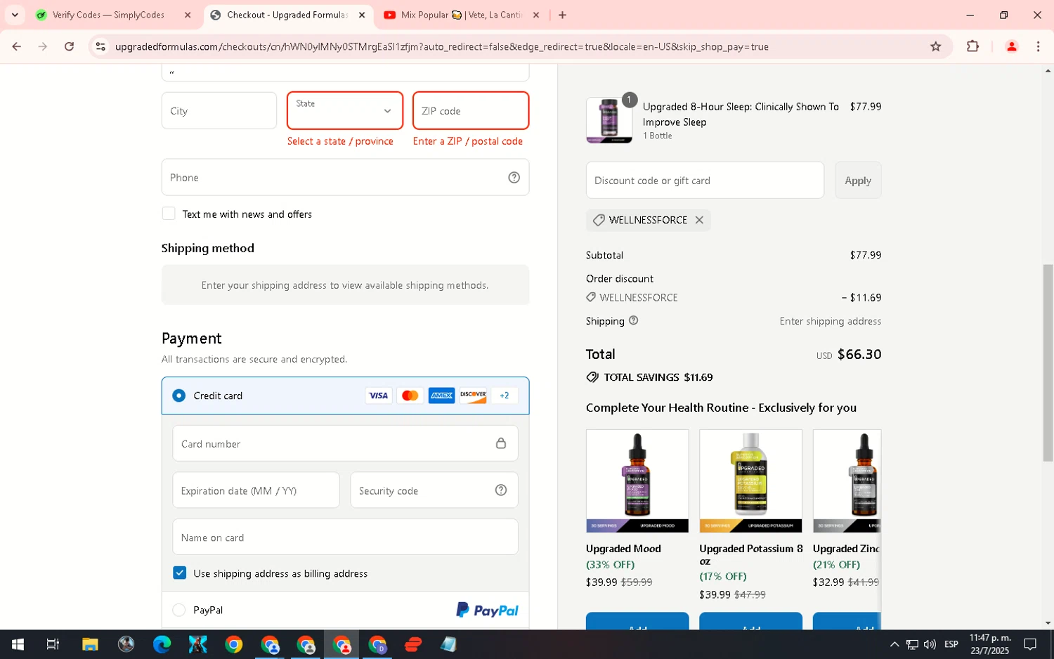 Upgraded Formulas discount code screenshot showing code WELLNESSFORCE applied at Upgraded Formulas checkout page. Uploaded by SimplyCodes community member WiseHero7115 on Jul 24, 2025