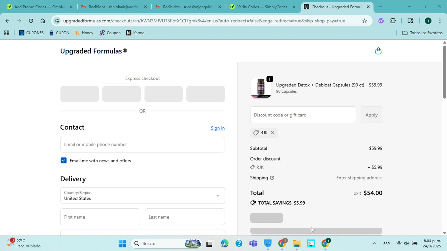 Upgraded Formulas discount code screenshot showing code RJK applied at Upgraded Formulas checkout page. Uploaded by SimplyCodes community member ABHF23 on Sep 25, 2025