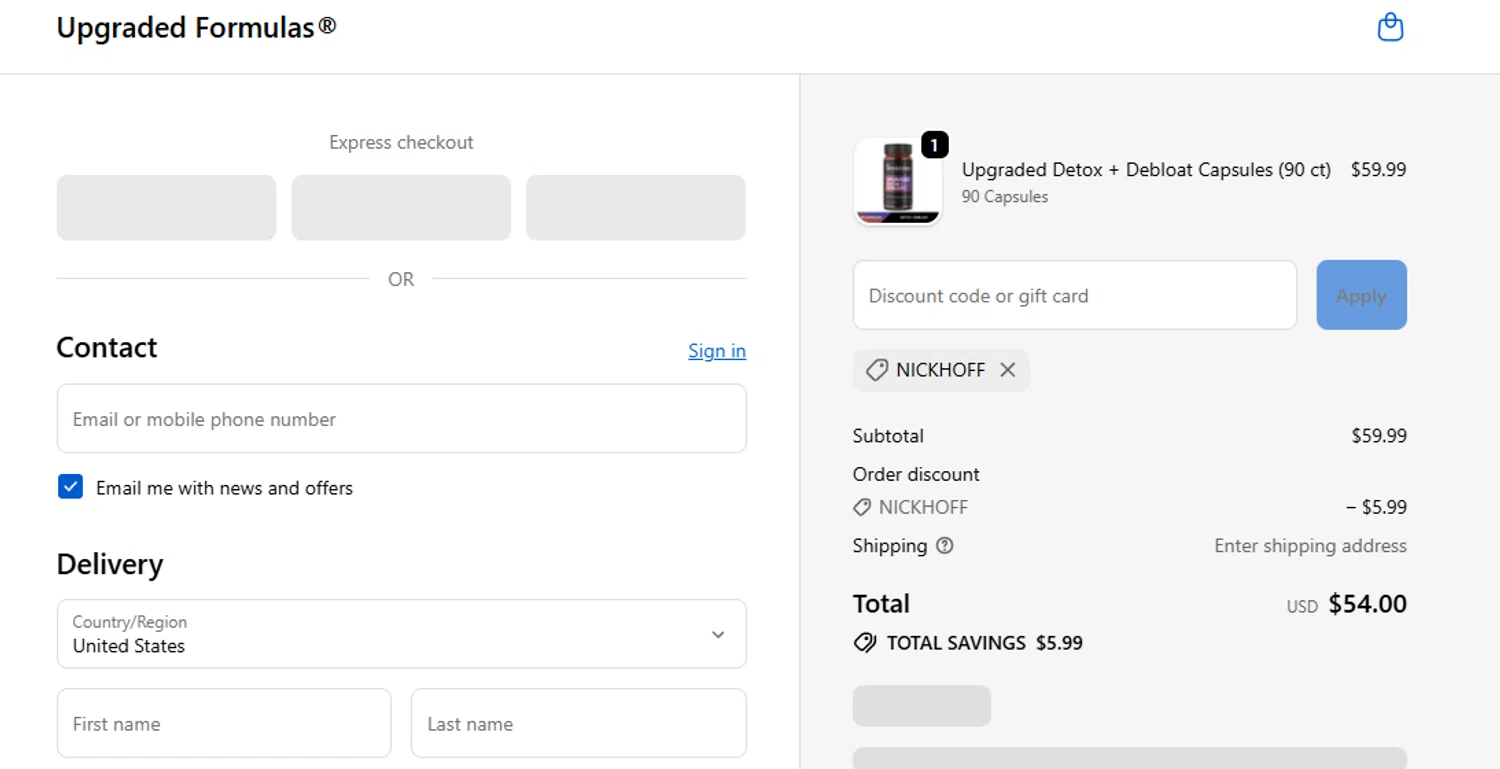 Upgraded Formulas discount code screenshot showing code NICKHOFF applied at Upgraded Formulas checkout page. Uploaded by SimplyCodes community member RoyalHunter7313 on Oct 5, 2025