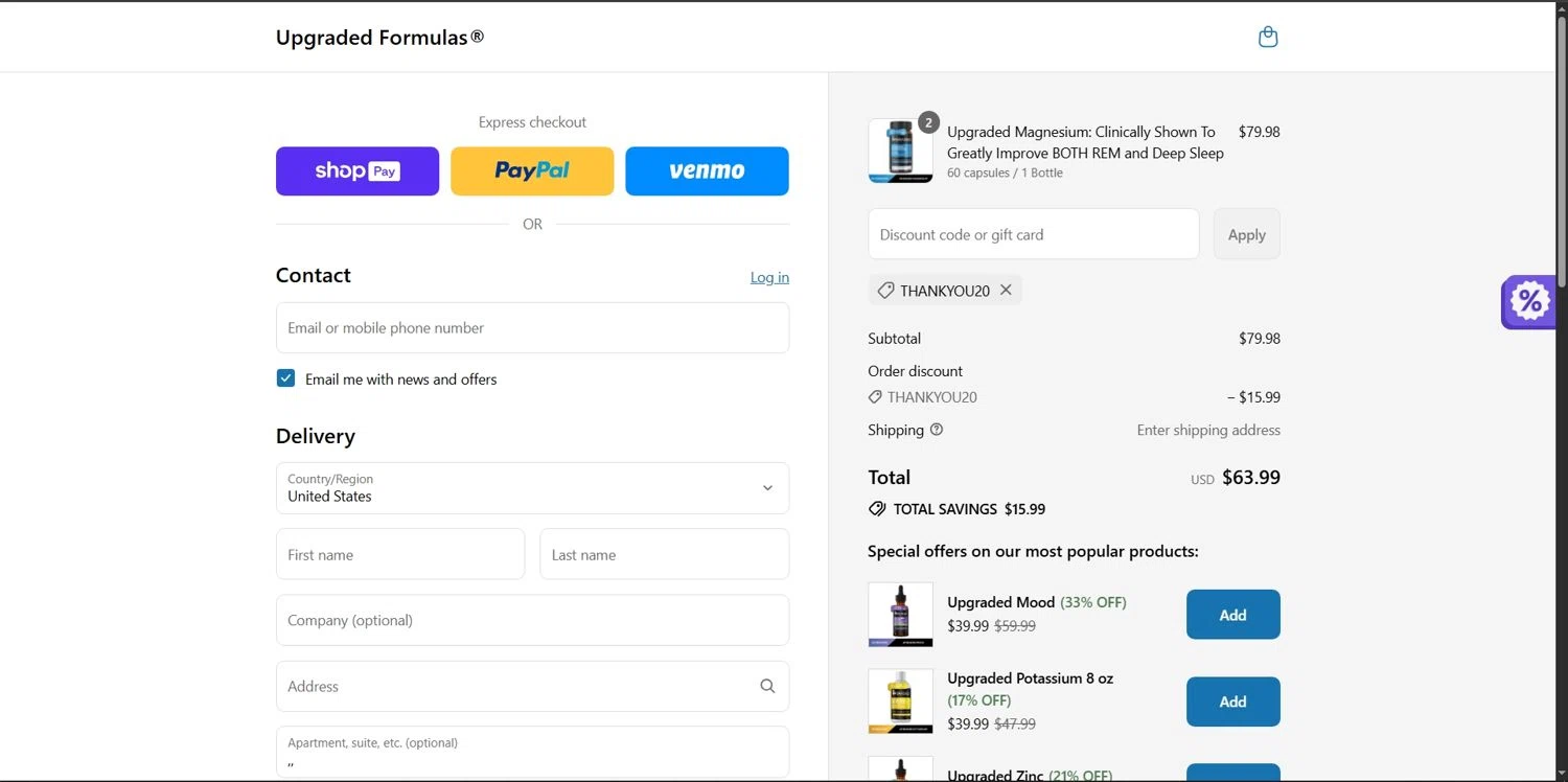 Upgraded Formulas discount code screenshot showing code THANKYOU20 applied at Upgraded Formulas checkout page. Uploaded by SimplyCodes community member Depressive on Jul 24, 2025