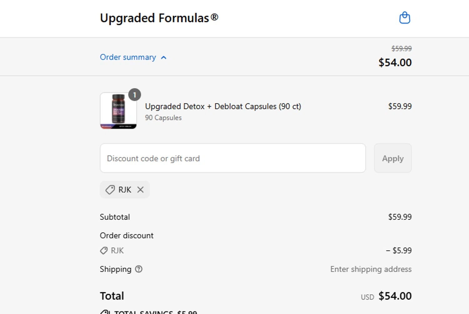 Upgraded Formulas discount code screenshot showing code RJK applied at Upgraded Formulas checkout page. Uploaded by SimplyCodes community member ashe1986 on Sep 5, 2025
