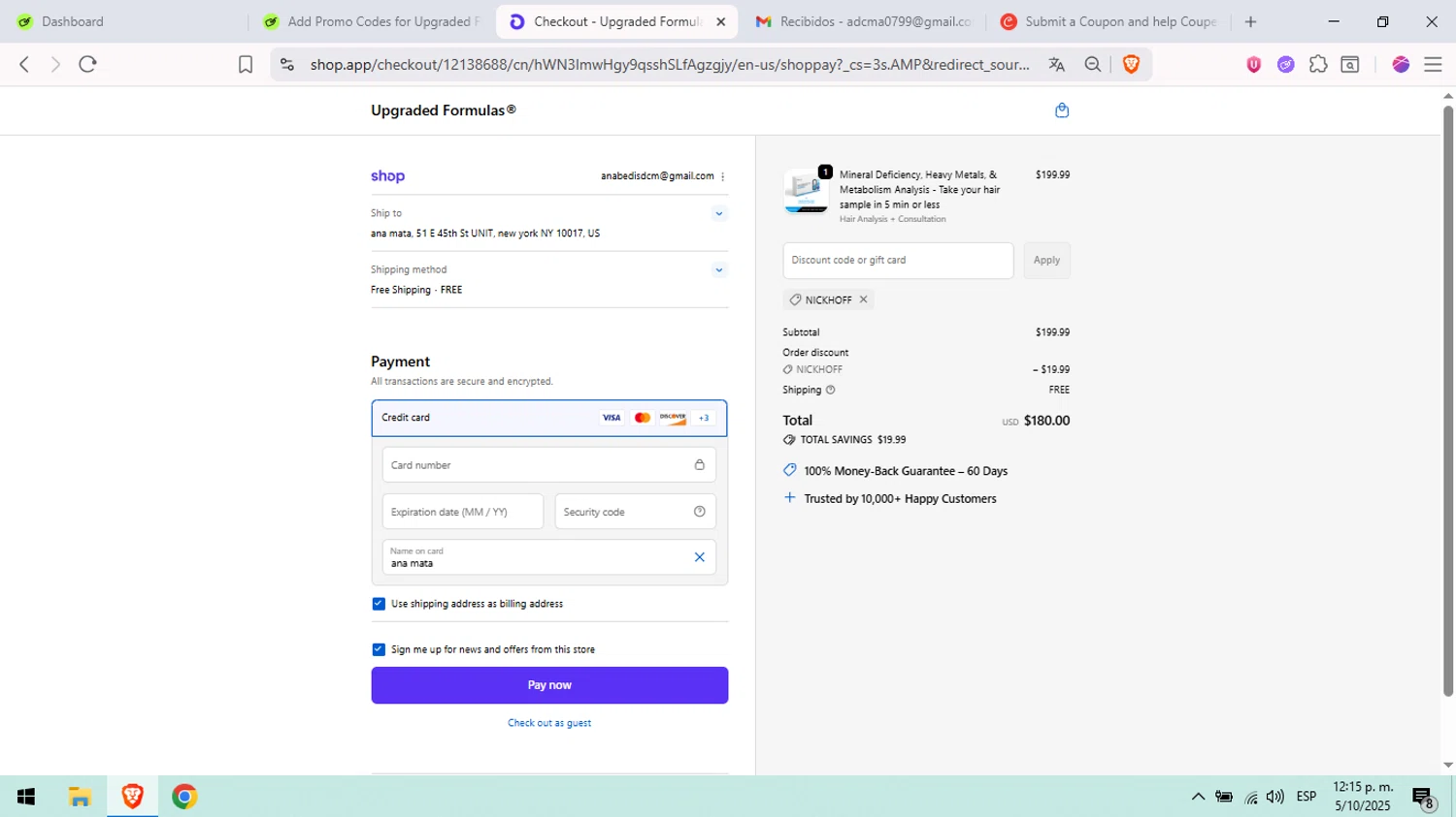 Upgraded Formulas discount code screenshot showing code NICKHOFF applied at Upgraded Formulas checkout page. Uploaded by SimplyCodes community member peachee on Oct 5, 2025