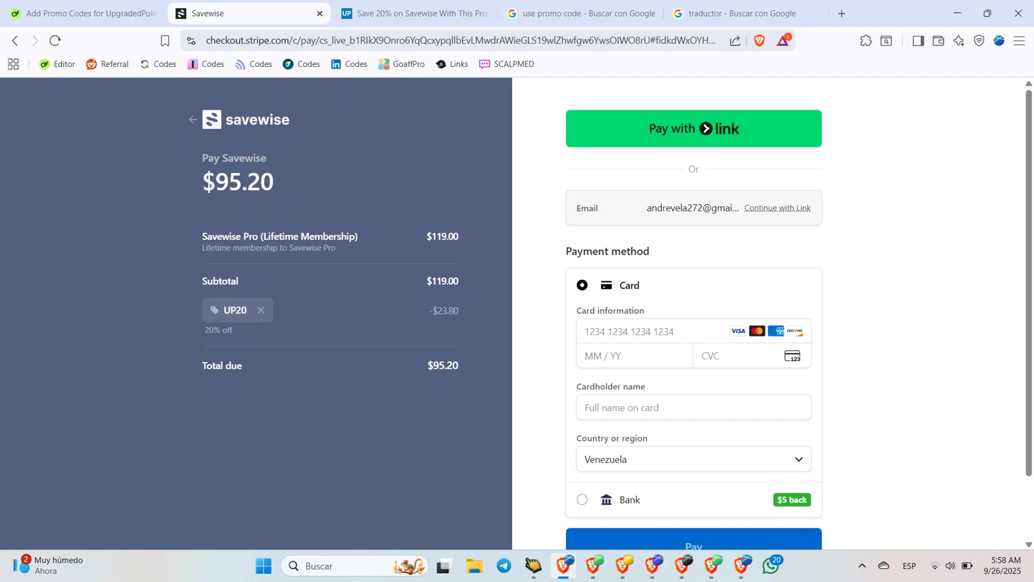 UpgradedPoints promo code screenshot showing code UP20 applied at UpgradedPoints checkout page. Uploaded by SimplyCodes community member BabaYaga on Sep 26, 2025