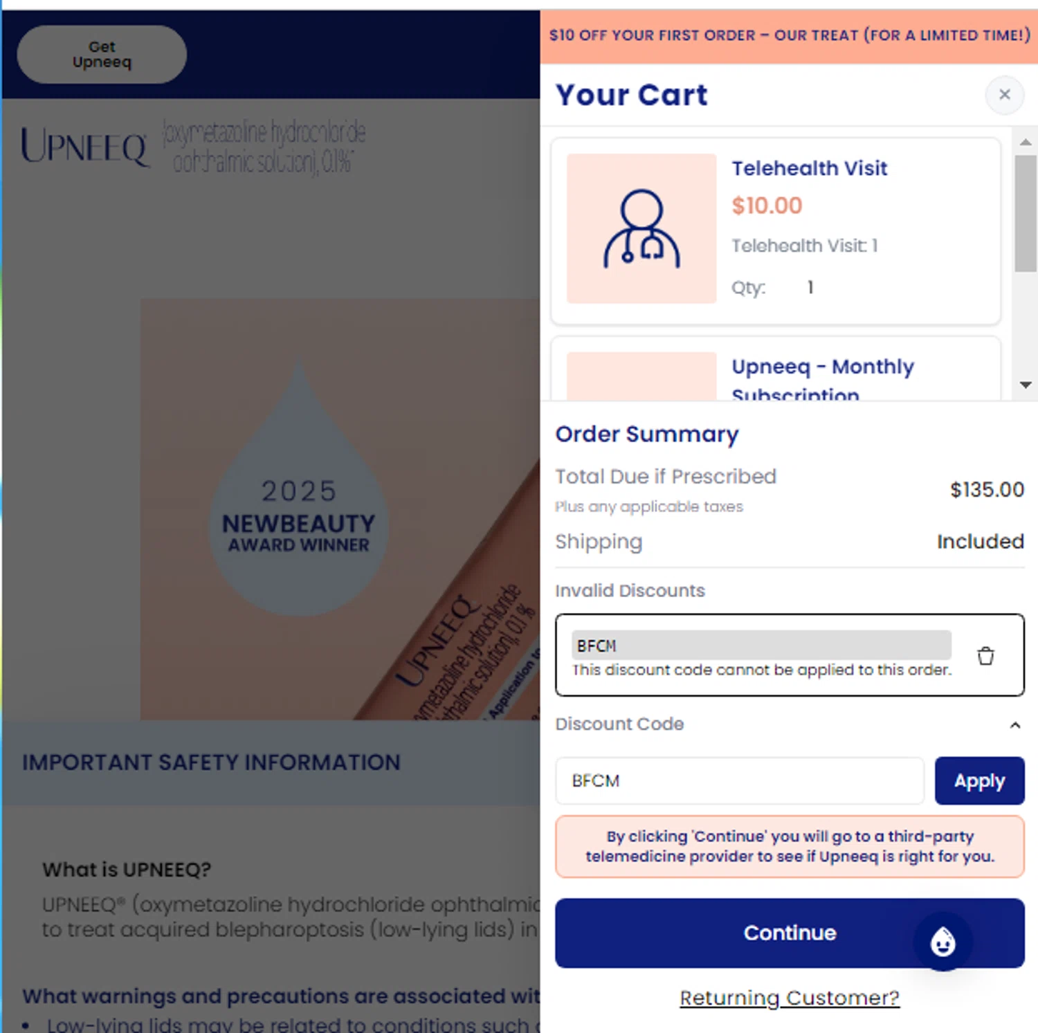 Upneeq coupon code screenshot showing code BFCM applied at Upneeq checkout page. Uploaded by SimplyCodes community member menotychire on Dec 10, 2025