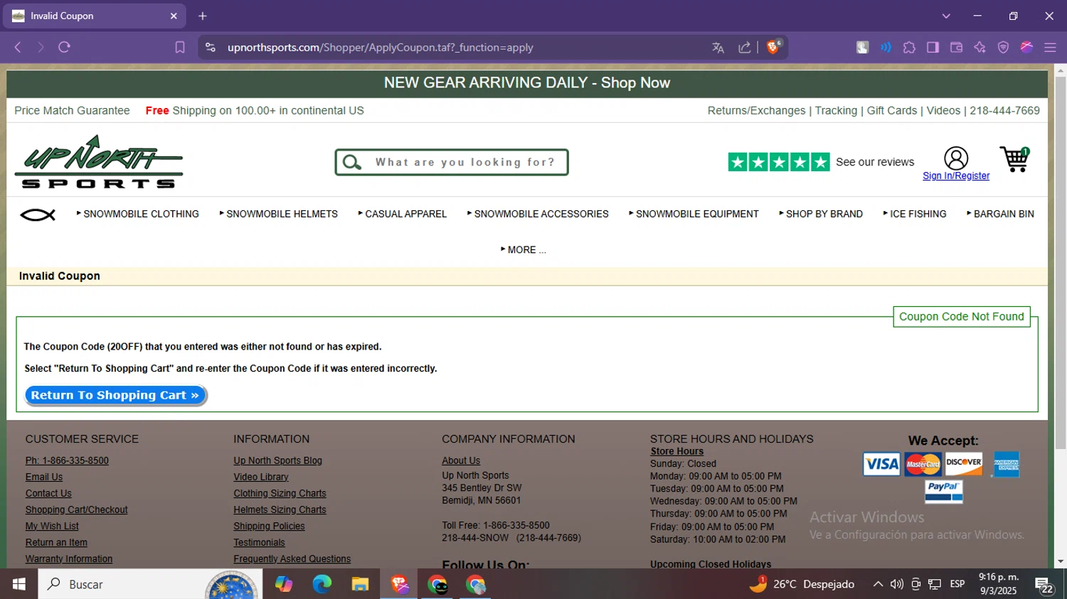 Up North Sports promo code screenshot showing code 20OFF applied at Up North Sports checkout page. Uploaded by SimplyCodes community member LegendaryPro7106 on Mar 10, 2025
