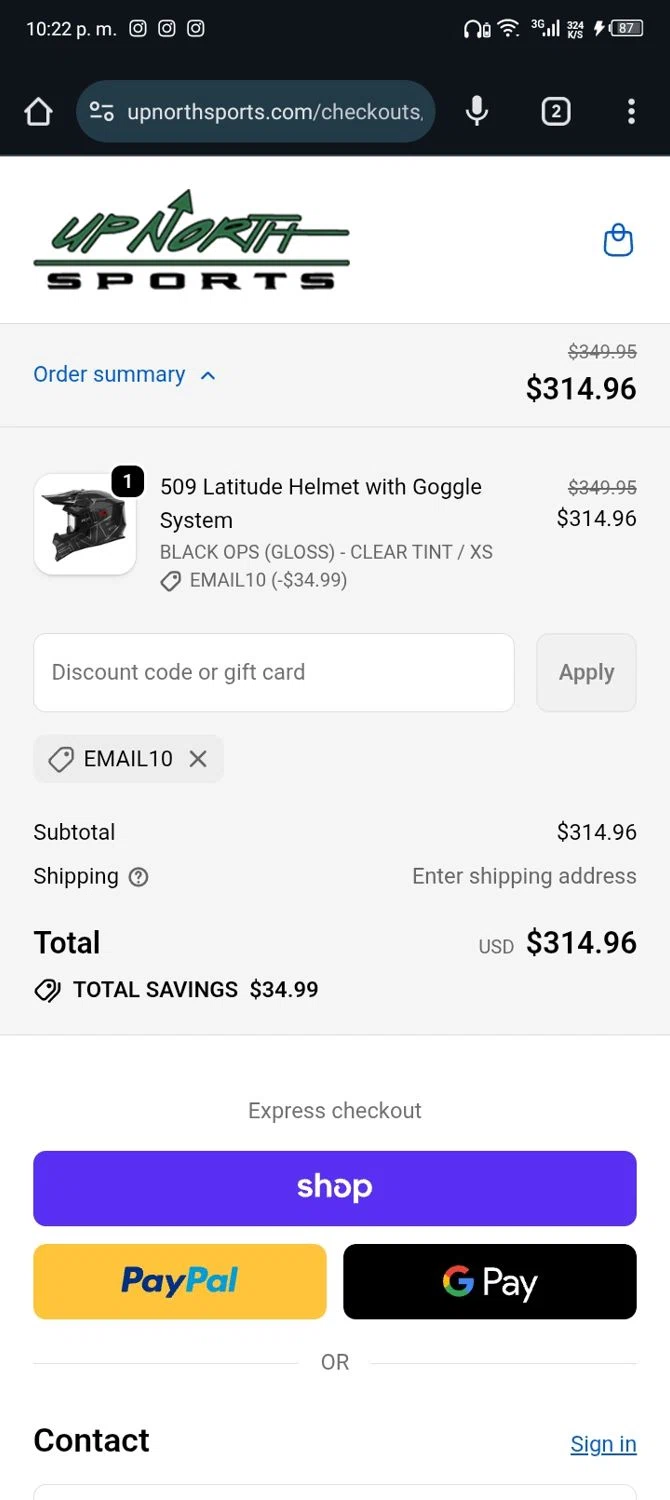 Up North Sports checkout page showing Up North Sports promo code box | Screenshot taken by SimplyCodes community member on Jan 14, 2026