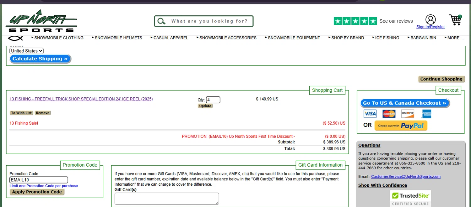 Up North Sports promo code screenshot showing code EMAIL10 applied at Up North Sports checkout page. Uploaded by SimplyCodes community member ashe1986 on Jul 9, 2025