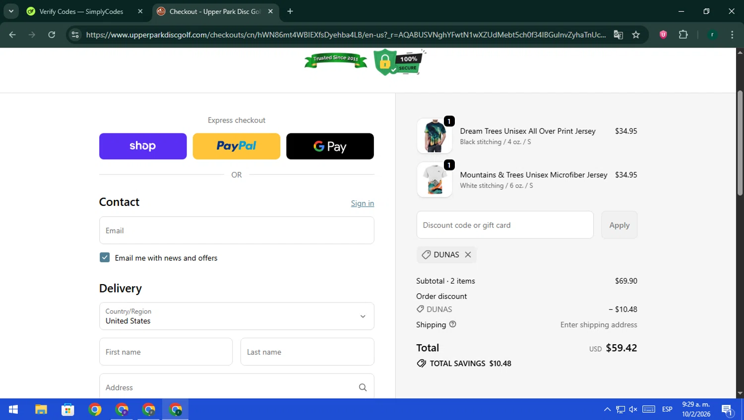 Upper Park Disc Golf promo code screenshot showing code dunas applied at Upper Park Disc Golf checkout page. Uploaded by SimplyCodes community member rodri1 on Feb 10, 2026