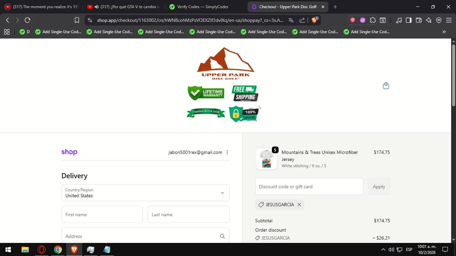Upper Park Disc Golf promo code screenshot showing code JESUSGARCIA applied at Upper Park Disc Golf checkout page. Uploaded by SimplyCodes community member Ultrapapu on Feb 10, 2026