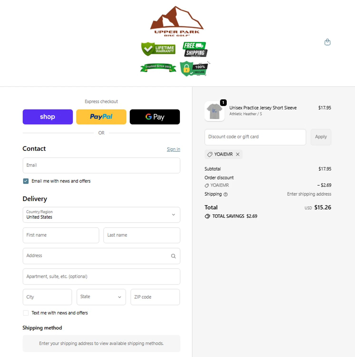 Upper Park Disc Golf promo code screenshot showing code YOAIEMR applied at Upper Park Disc Golf checkout page. Uploaded by SimplyCodes community member Mbappe on Feb 10, 2026